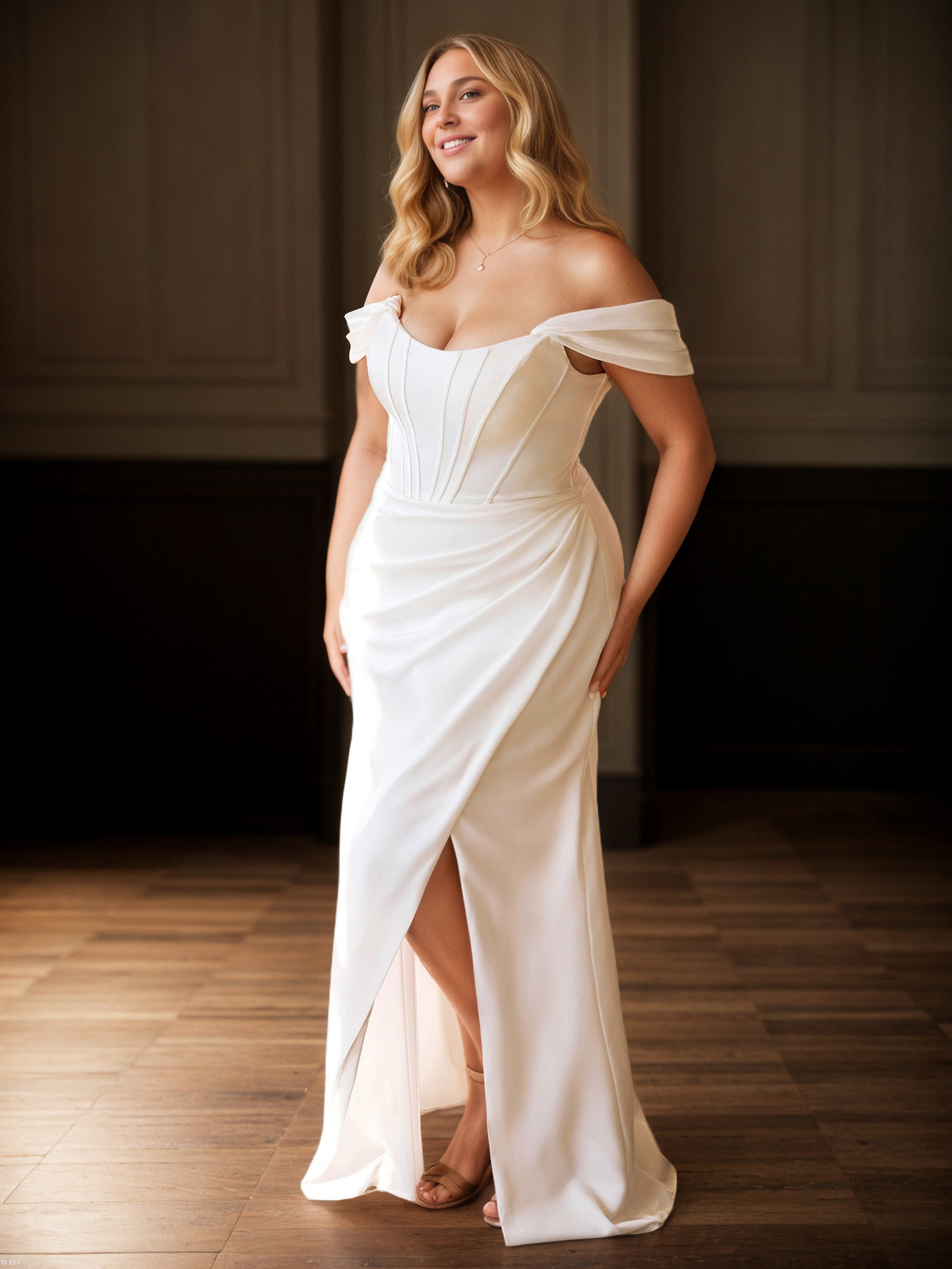 Robe de Bal IVOIRE à Épaules Dénudées Grande Taille Longue avec Fente