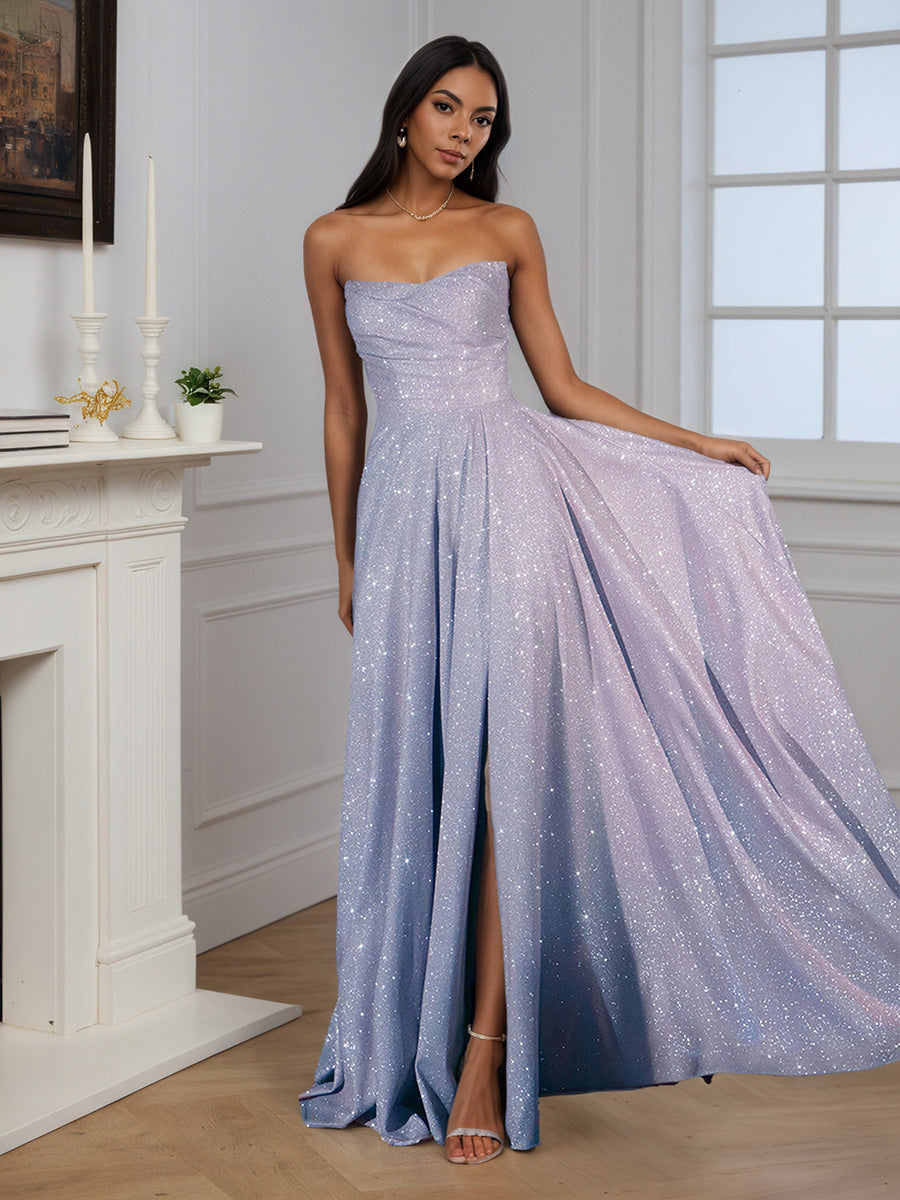 Cicinia Robe de Soirée LILAS Longue A-Line à Jupe Plissée sans Bretelles Fente Longueur Sol avec Traîne Gracieuse