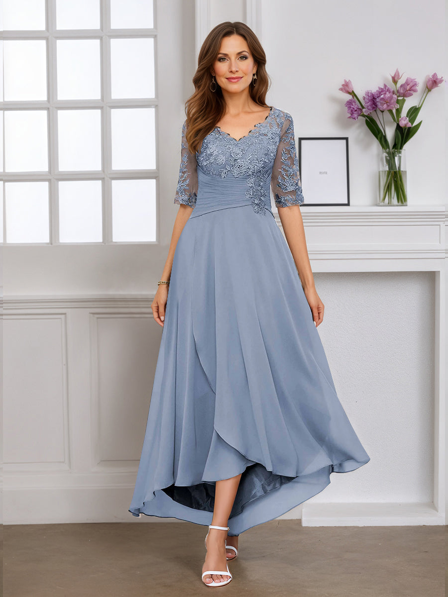Cicinia Robe pour Mère de la Mariée BLEU POUDRE Longue A-Line en Mousseline Dentelle Manches Demi-longues Décolleté en V Ourlet Asymétrique