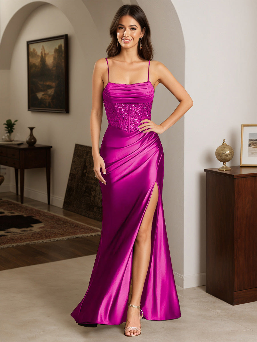 Cicinia Robe de Soirée Orchidée Longue en Satin Extensible Fourreau à Bretelles Spaghetti avec Traîne Balayée