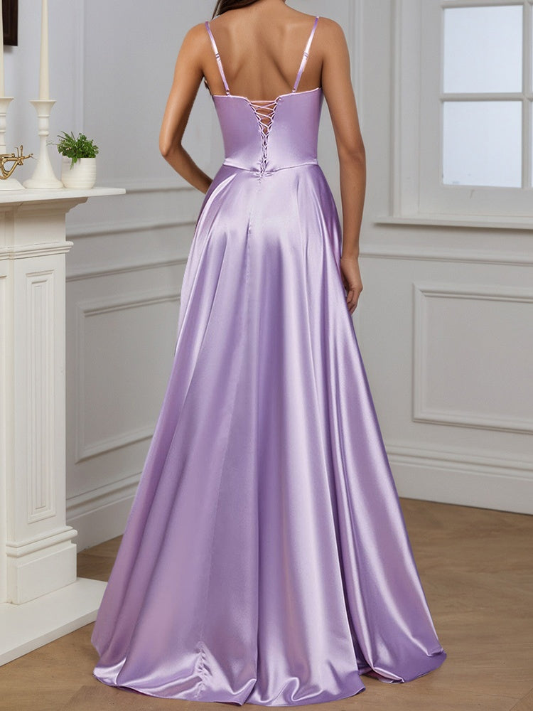 Cicinia Robe de Soirée BLEU CIEL Longue en Satin Doux A-Line Fente Traîne Balayée