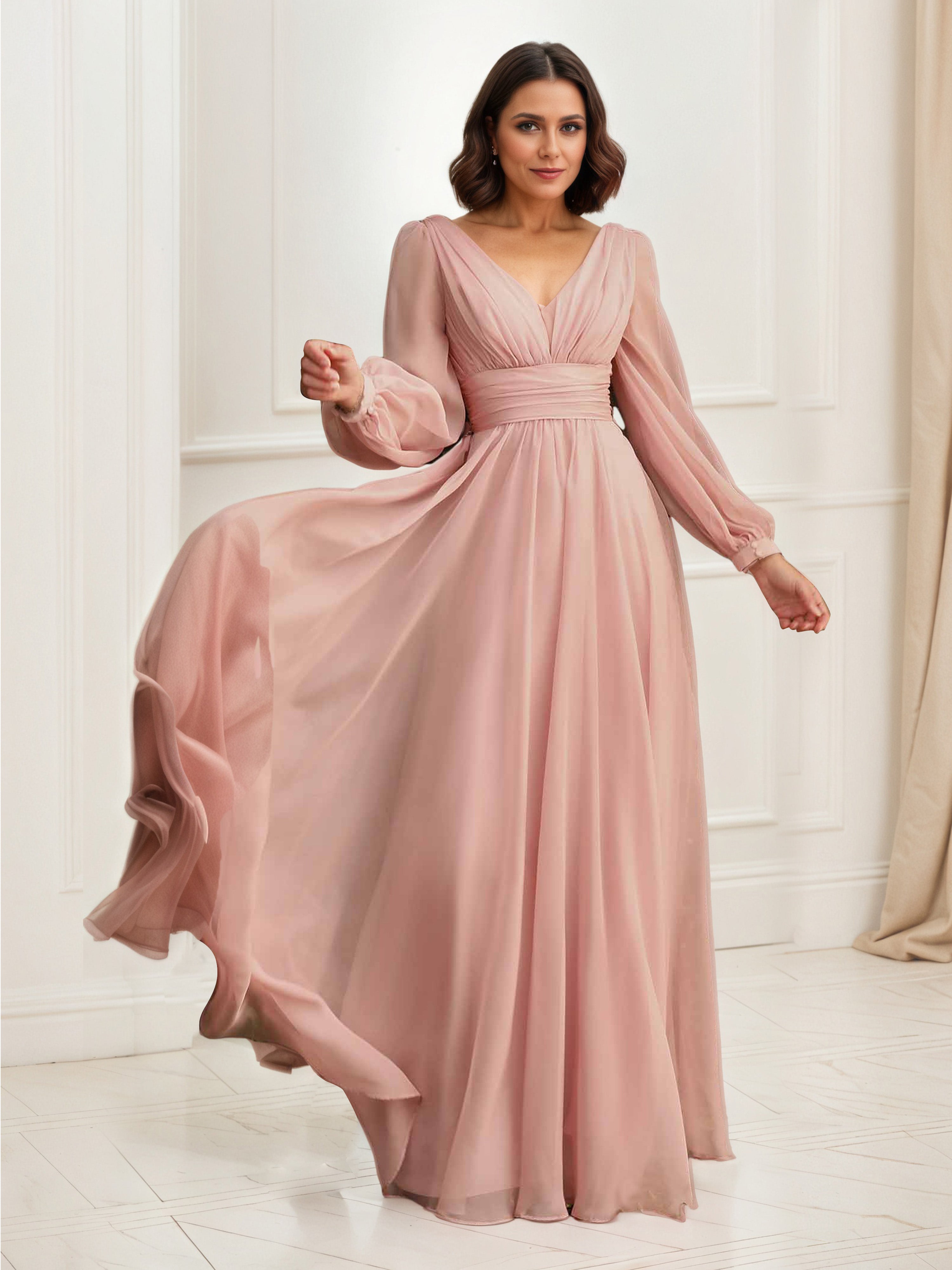 Robe de Soirée CORAIL Col V Robe Mousseline Trapèze Manches Longue Robe Plissée