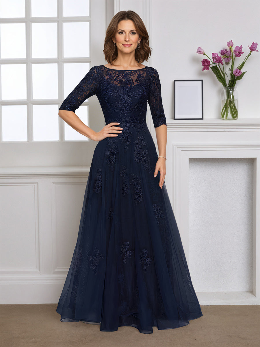 Cicinia Robe pour Mère de la Mariée BLEU MARINE Longue en Tulle Appliqués Dentelle Manches Demi-longues Longueur Sol
