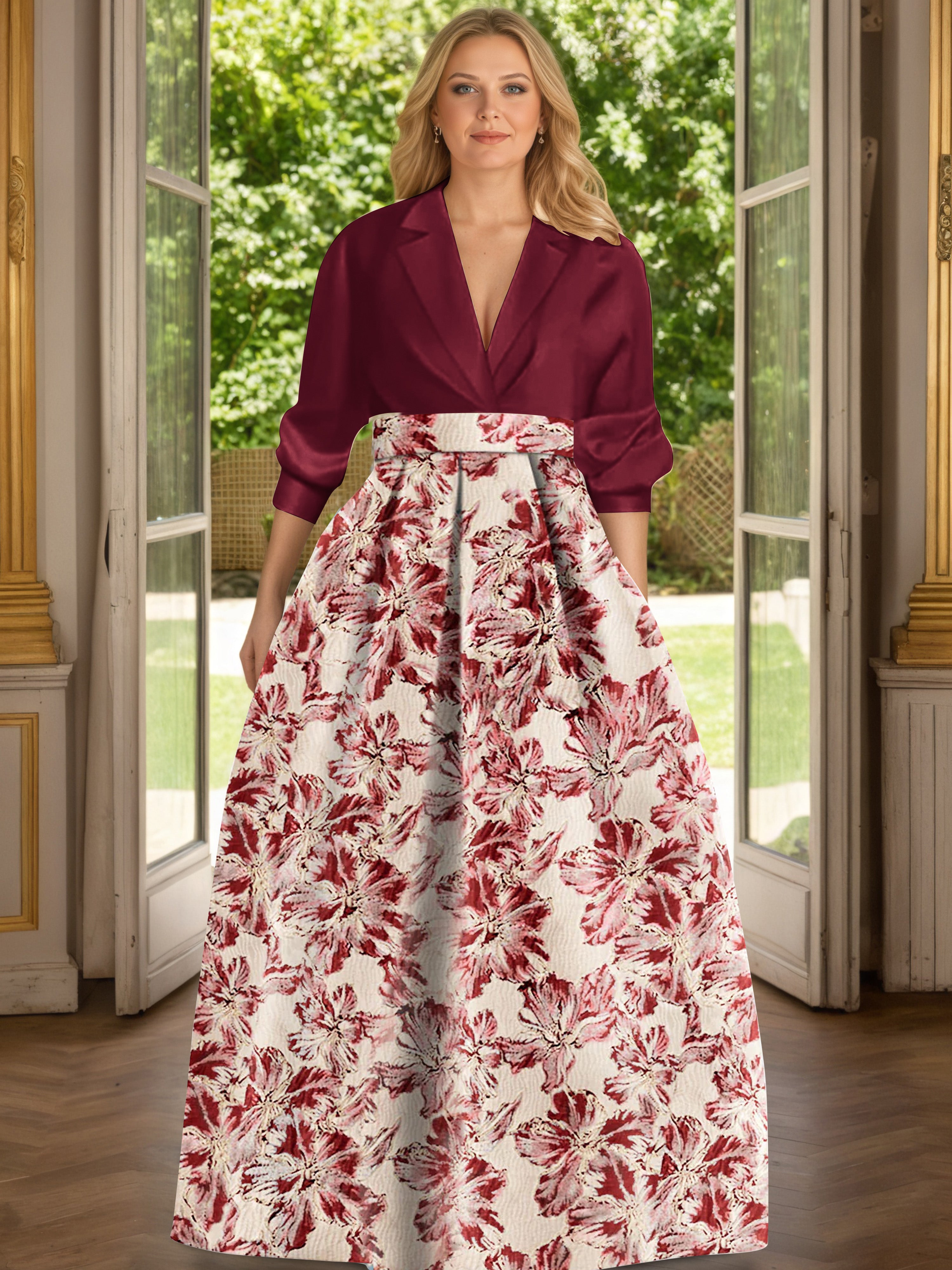 Cicinia Robe Mère de la Mariée BORDEAUX Longue A-Line en Jacquard Gaufré Revers Longueur Sol