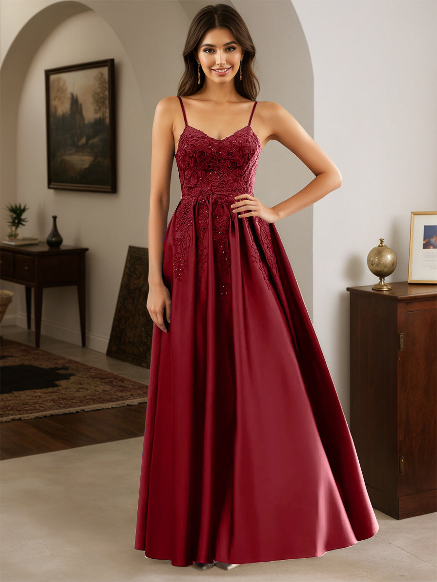 Cicinia Robe de Soirée BORDEAUX Longue A-Line en Satin Appliqués Dentelle Longueur Sol
