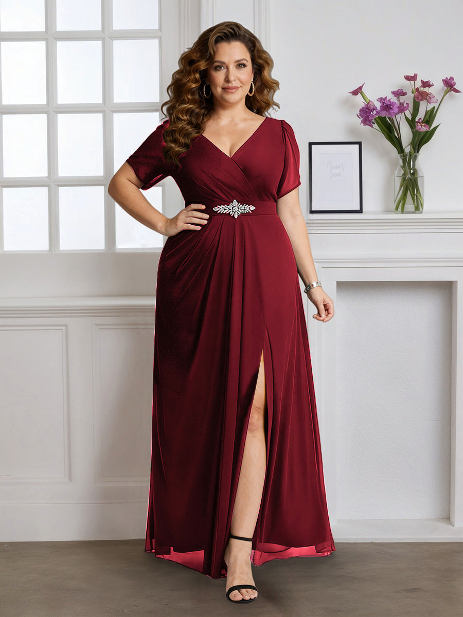 Cicinia Robe pour Mère de la Mariée BORDEAUX Longue A-Line en Mousseline Manches Courtes Décolleté en V Longueur Cheville Grande Taille
