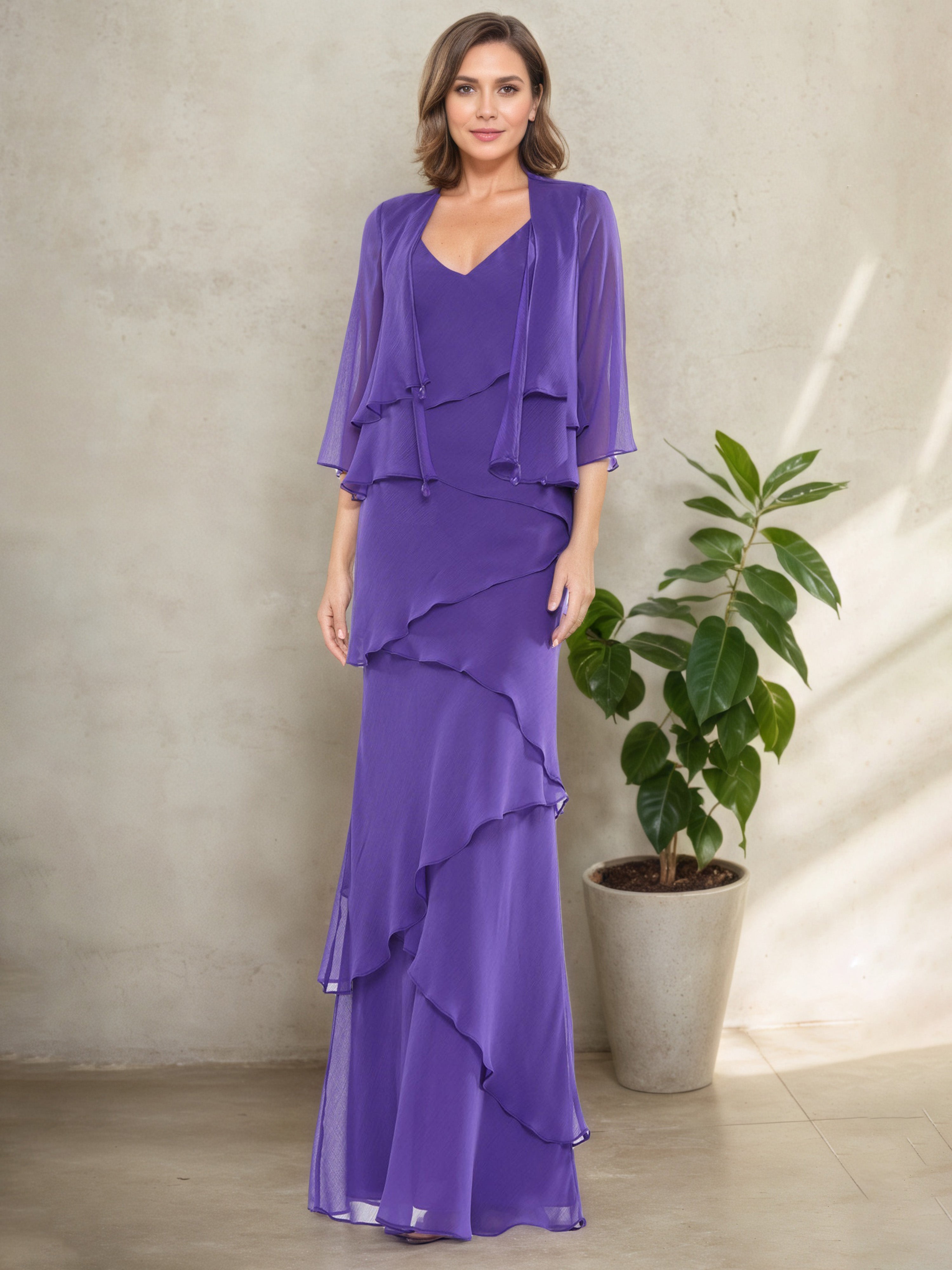 Robe Mère de la Mariée REGENCE Silhouette Fourreau/Colonne Longue à Décolleté en V avec Superpositions et Manches 3/4