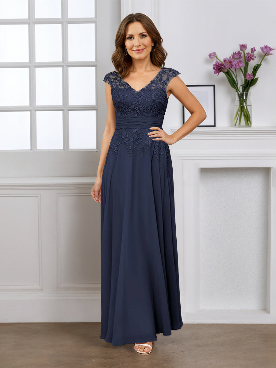 Cicinia Robe pour Mère de la Mariée BLEU MARINE Longue A-Line en Mousseline Appliqués Dentelle Décolleté en V Longueur Sol