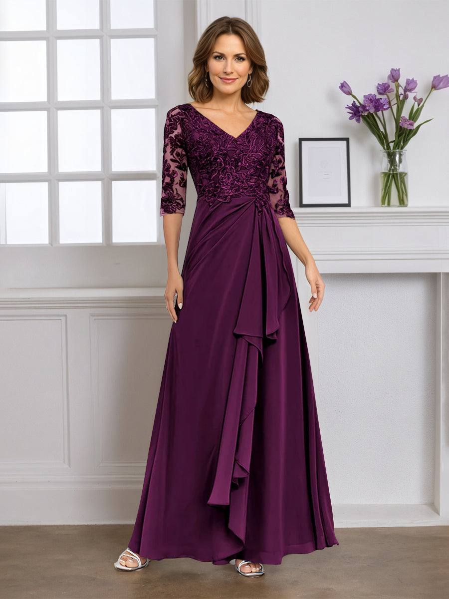Cicinia Robe pour Mère de la Mariée Raisin Longue A-Line en Mousseline Dentelle Décolleté en V Longueur Sol