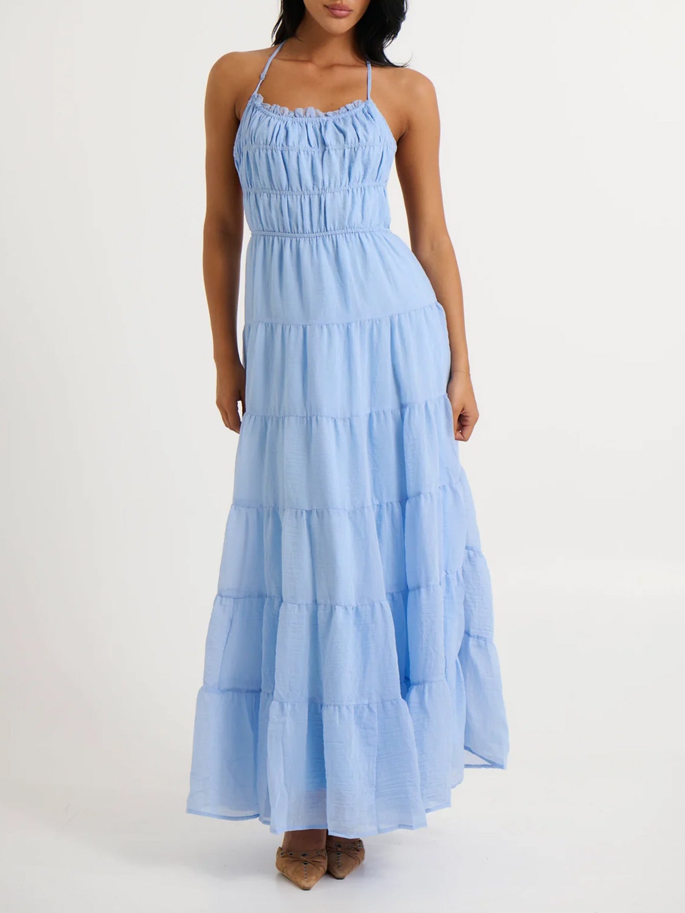 Robe Invitée Mariage BLEU_CIEL Licou Dos Nud Coupe Cintrée Longueur Cheville