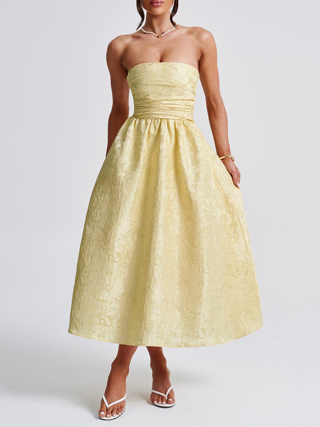 Robe Invitée Mariage JONQUILLE Florale Taille Empire Sans Bretelle