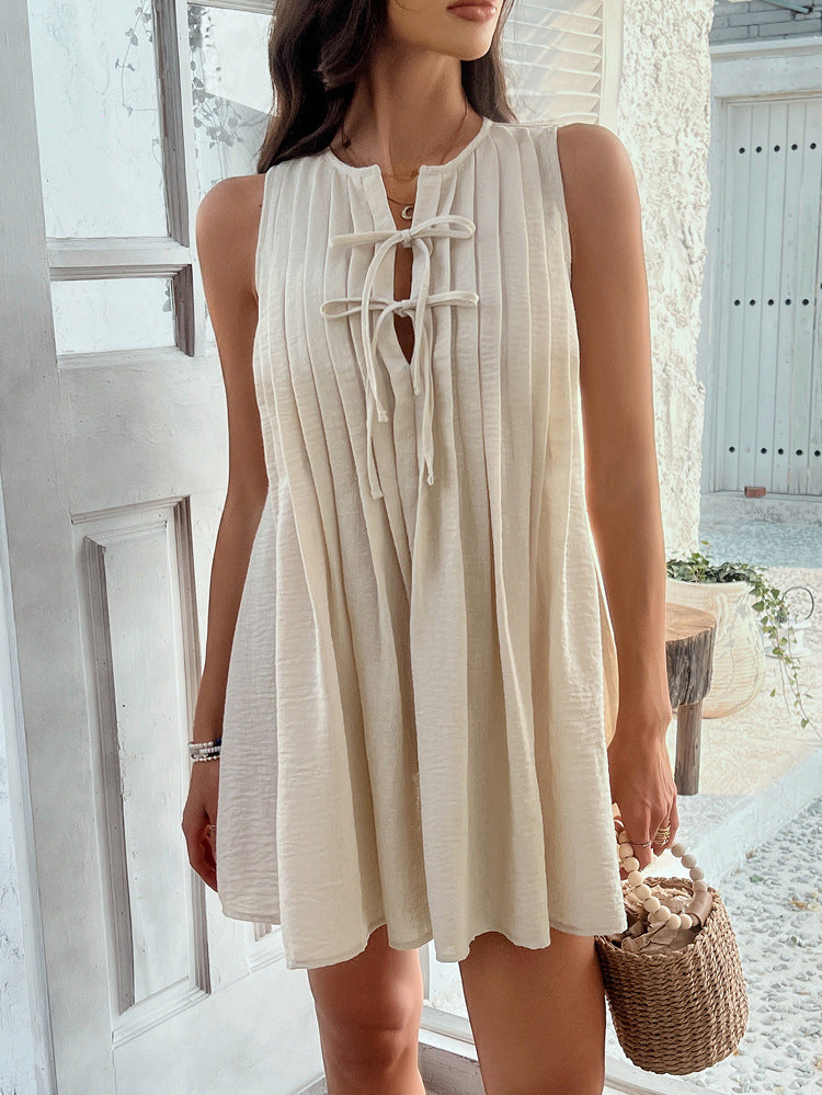Robe de Mariée Invitée Apricot à Encolure Cran Coupe A Plissée Sans Manches
