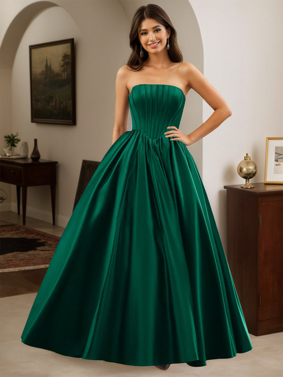 Cicinia VERT_FONCE Robe de Soirée Longue A-Line en Satin sans Bretelles Longueur Sol