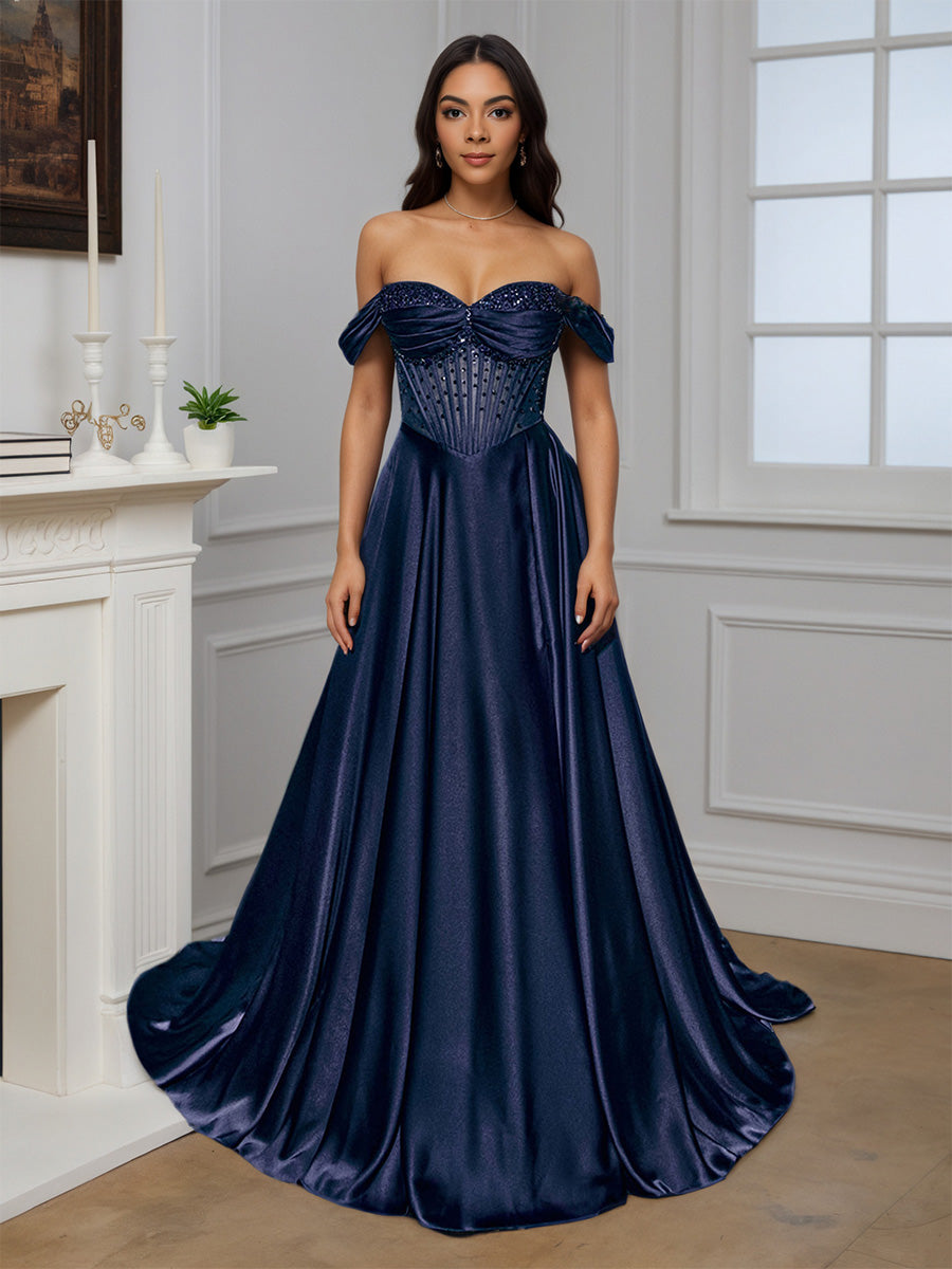Cicinia Robe de Soirée BLEU MARINE Longue A-Line Perlé Épaules Dénudées Traîne Balayée Ravissante