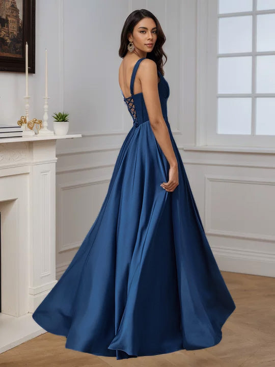 Cicinia Robe de Soirée BLEU MARINE Longue en Satin Doux A-Line Décolleté en V