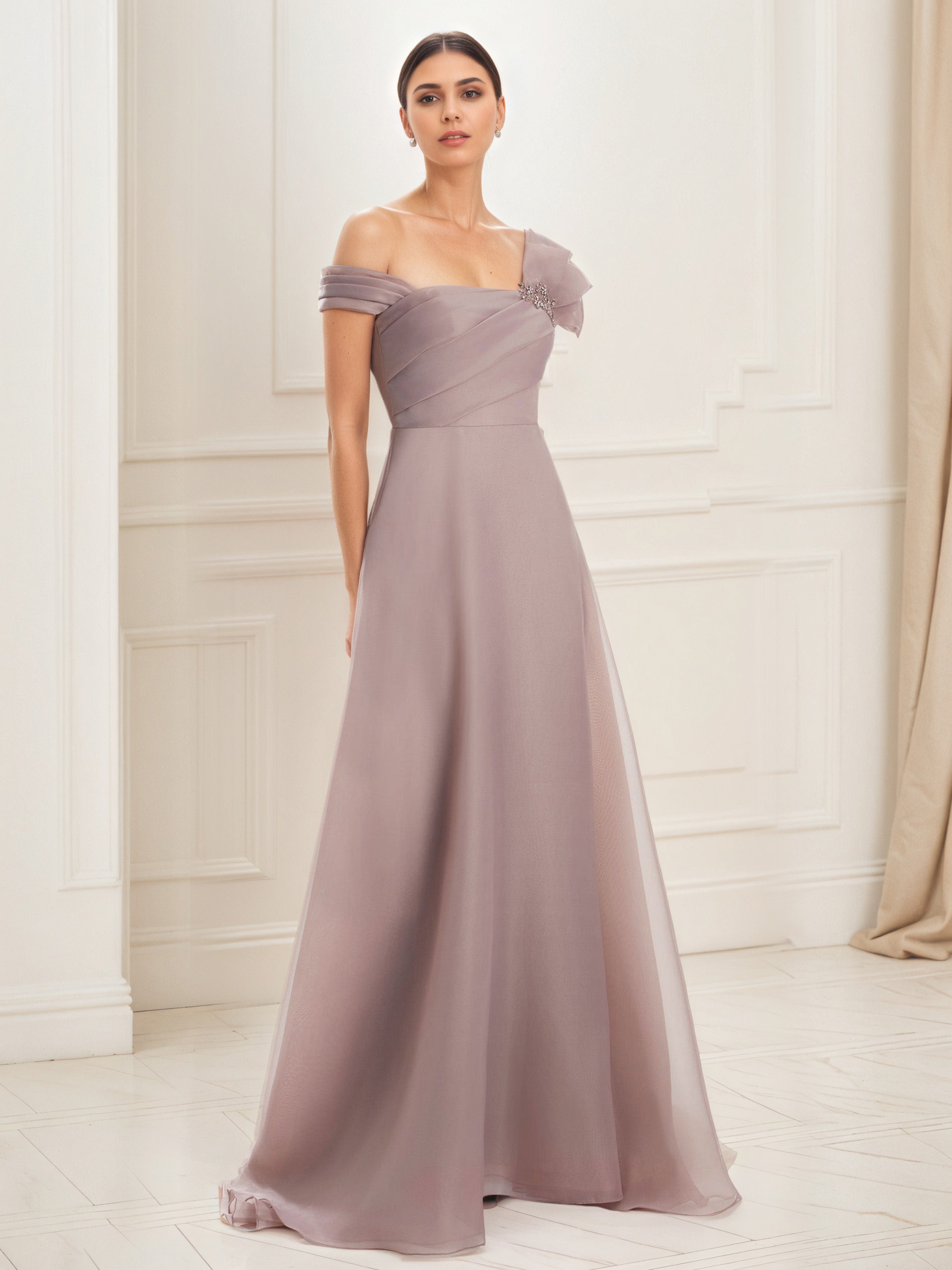 Robe de Bal VINTAGE_MAUVE A-Line à Une Épaule avec Bustier Plissé et Broderies