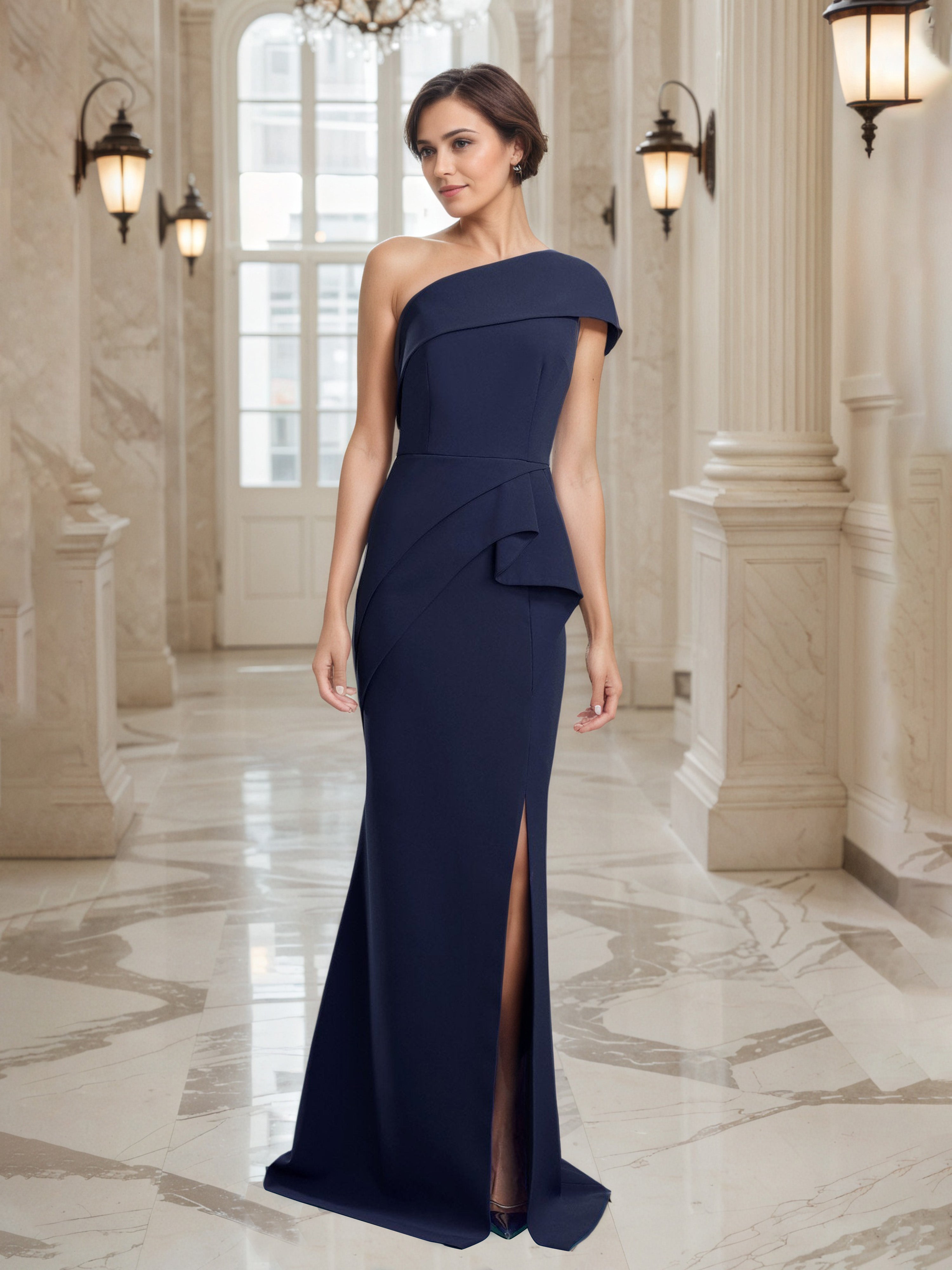 Robe de Soirée BLEU_MARINE Seule épaule Fourreau Robe Asymétrique à Volants à la Taille