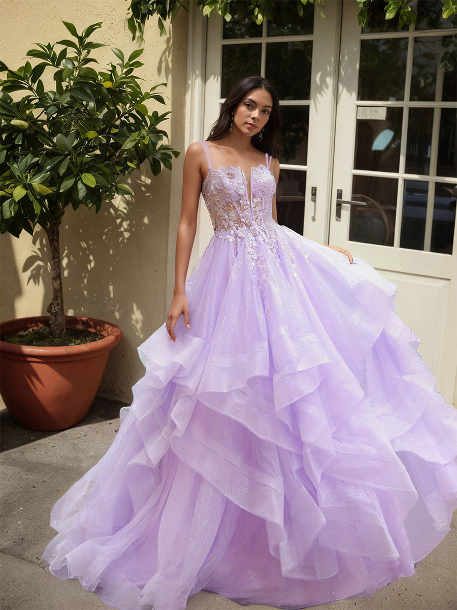 Cicinia LILAS Robe de Soirée Princesse Longue à Bretelles Spaghetti à Volants Unique