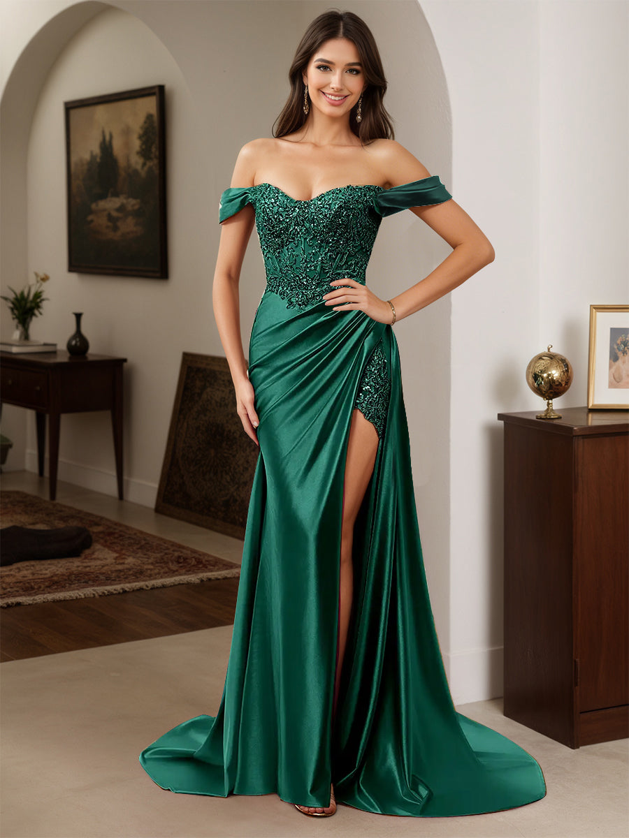 Cicinia Robe de Soirée VERT FONCE Longue Fourreau Appliqués Dentelle Épaules Dénudées
