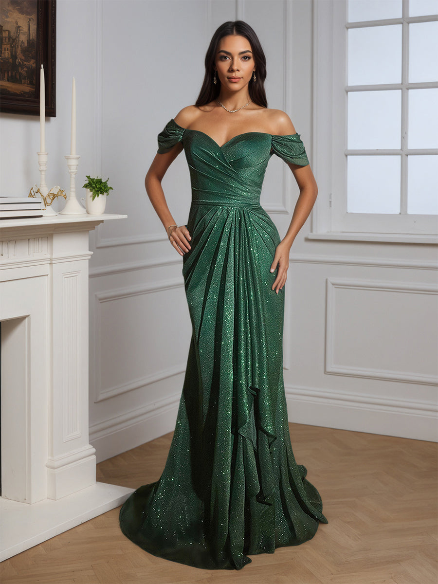 Cicinia Vert Robe de Soirée Longue Épaules Dénudées Fente Traîne Balayée Charmante