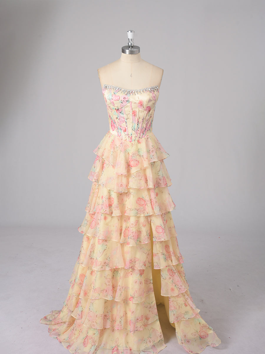 Cicinia Jaune Robe de Soirée Longue en Tissu Imprimé A-Line sans Manches Fente à Volants