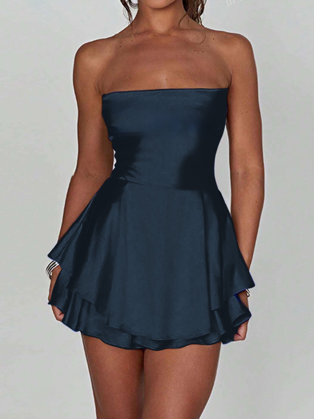 Robe Invitée Mariage BLEU_MARINE Satin Bustier Lacet Volanté Sans Bretelles