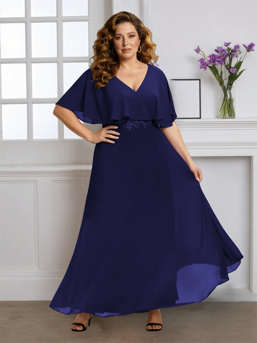 Cicinia Bleu Marine Robe pour Mère de la Mariée Grande Taille Longue A-Line en Mousseline Décolleté en V Manches Papillons