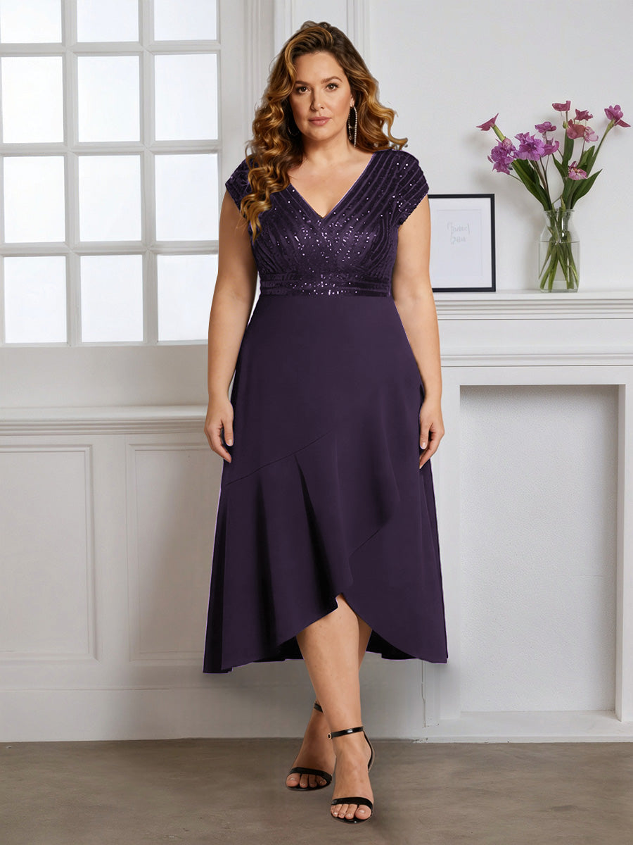 Cicinia Robe pour Mère de la Mariée Raisin Longue A-Line en Mousseline à Paillettes Décolleté en V Longueur Midi Grande Taille