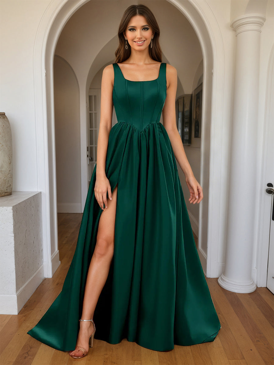 Cicinia Robe de Soirée VERT FONCE Longue A-Line en Satin Décolleté Carré Ravissante