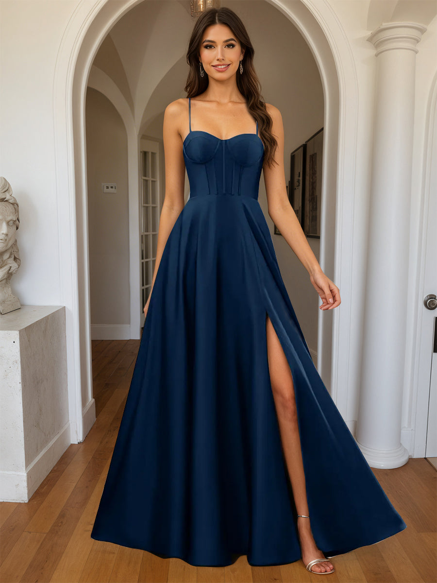 Cicinia Bleu Marine Robe de Soirée Longue A-Line en Satin à Bretelles Spaghetti Décolleté Cœur Longueur Sol