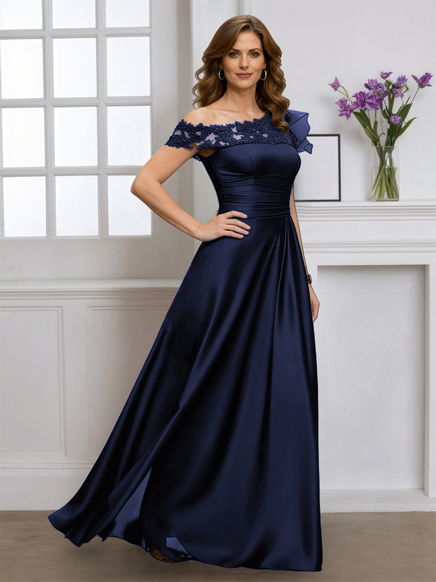 Cicinia Robe pour Mère de la Mariée BLEU MARINE Longue A-Line Une Épaule Longueur Sol