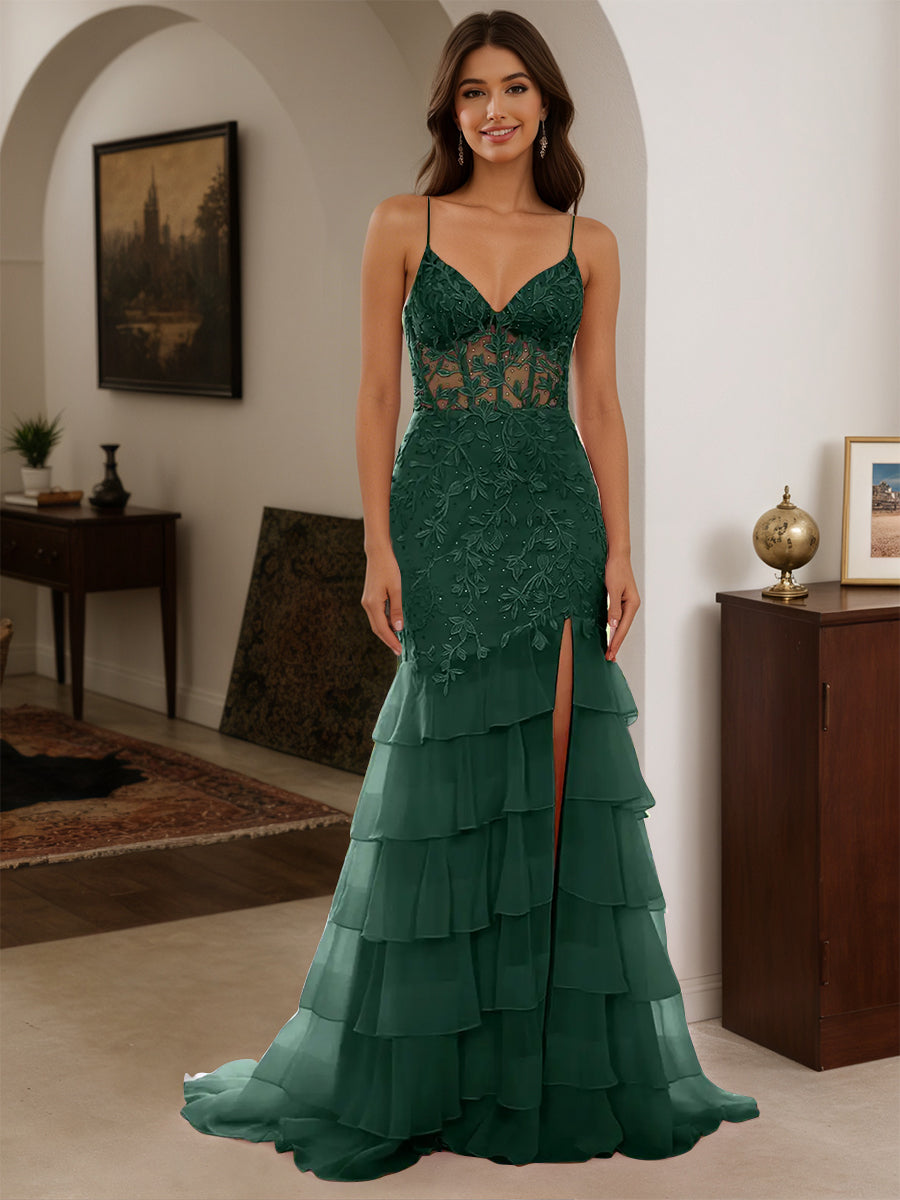 Cicinia Robe de Soirée VERT FONCE Longue Fourreau en Mousseline Appliqués Dentelle à Volants à Bretelles Spaghetti