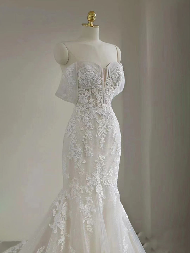 Sirène Col Cœur Épaules Dénudées Robe de mariée en Dentelle et Tulle sans Manche avec Balayage