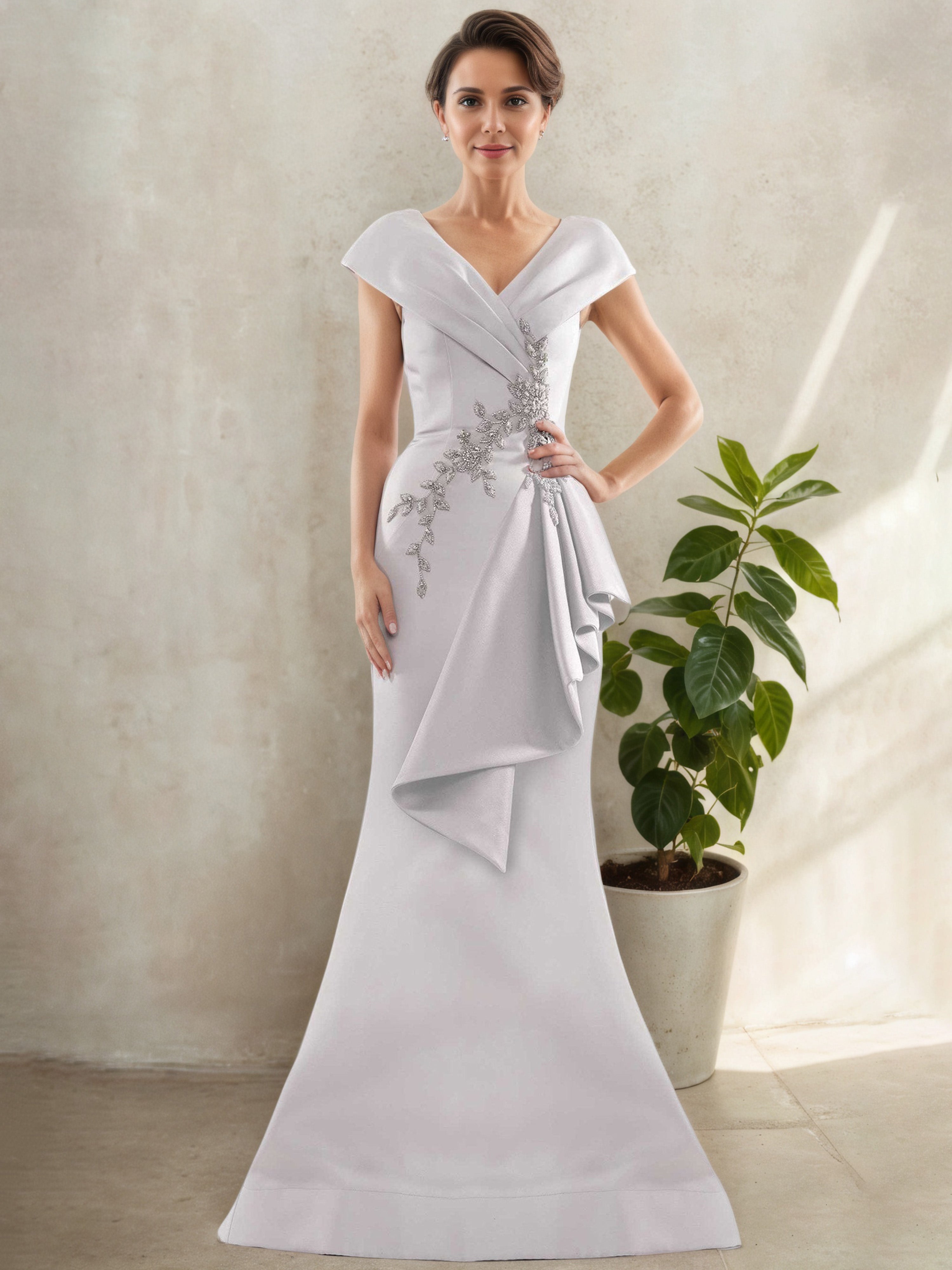 Robe Mère de la Mariée IVOIRE à Décolleté en V Manches Ballon avec Volant Latéral