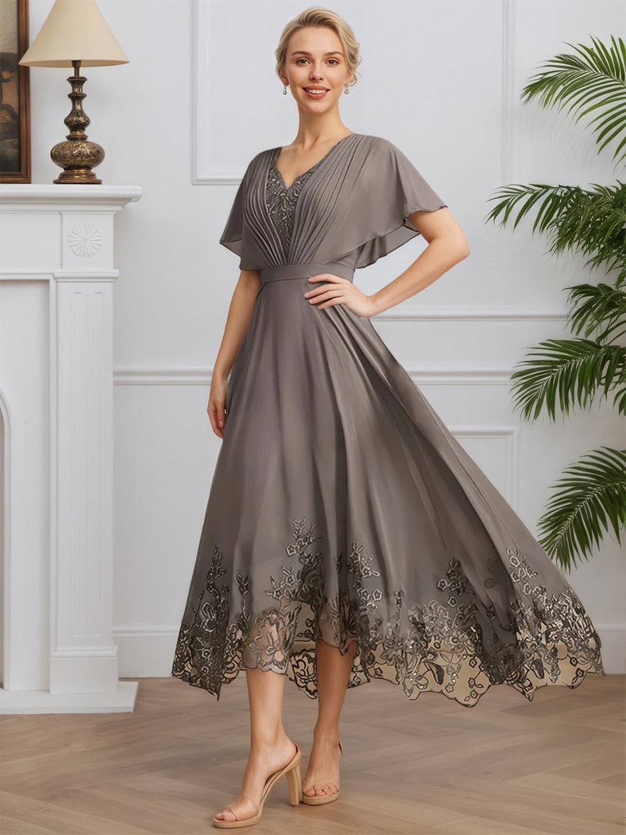 Cicinia Gris Robe pour Mère de la Mariée en Dentelle et Mousseline A-Line Décolleté en V