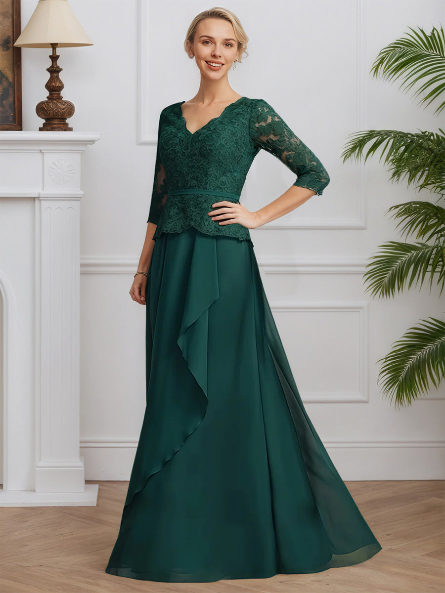 Cicinia Vert Foncé Robe pour Mère de la Mariée Longue en Mousseline et Dentelle A-Line Manches Demi-longues Décolleté en V