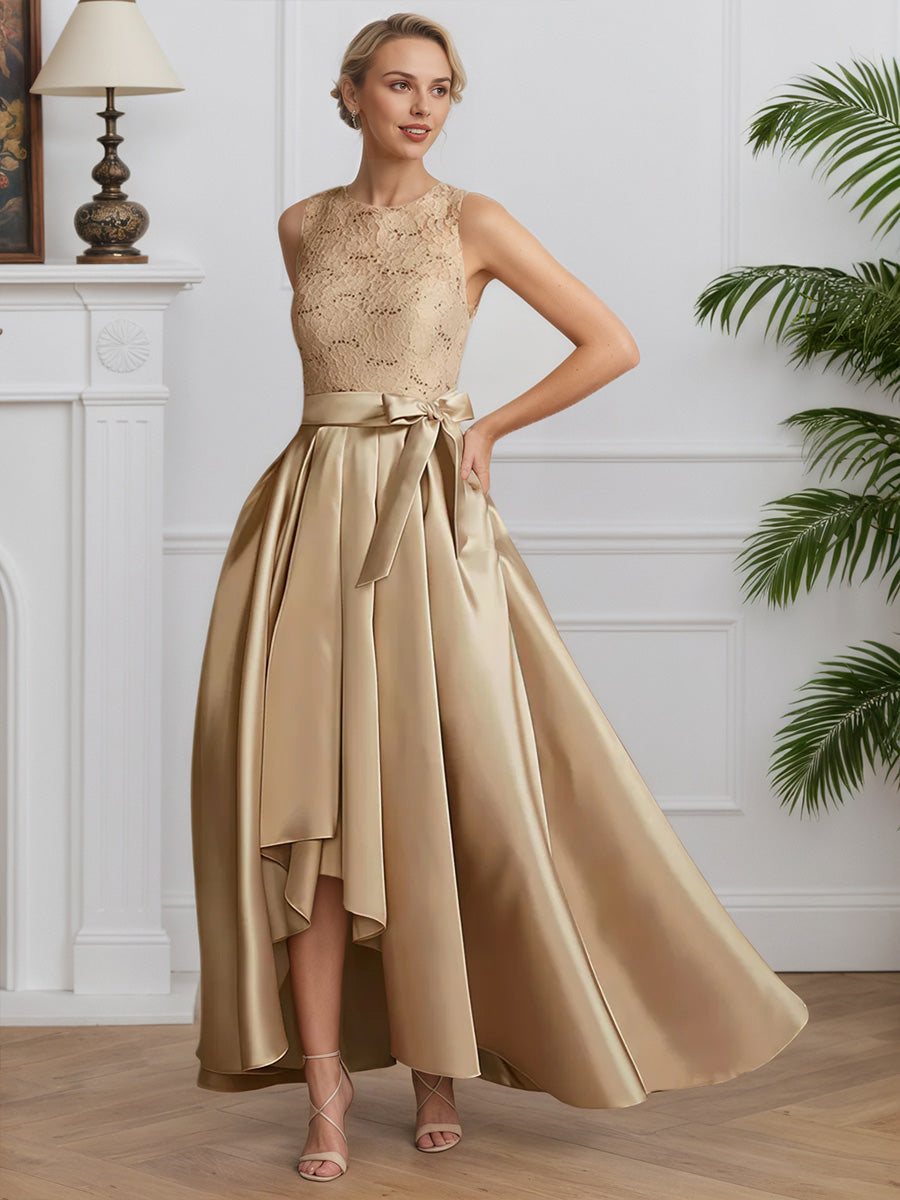 Cicinia Champagne Robe pour Mère de la Mariée Longue en Satin et Dentelle A-Line sans Manches