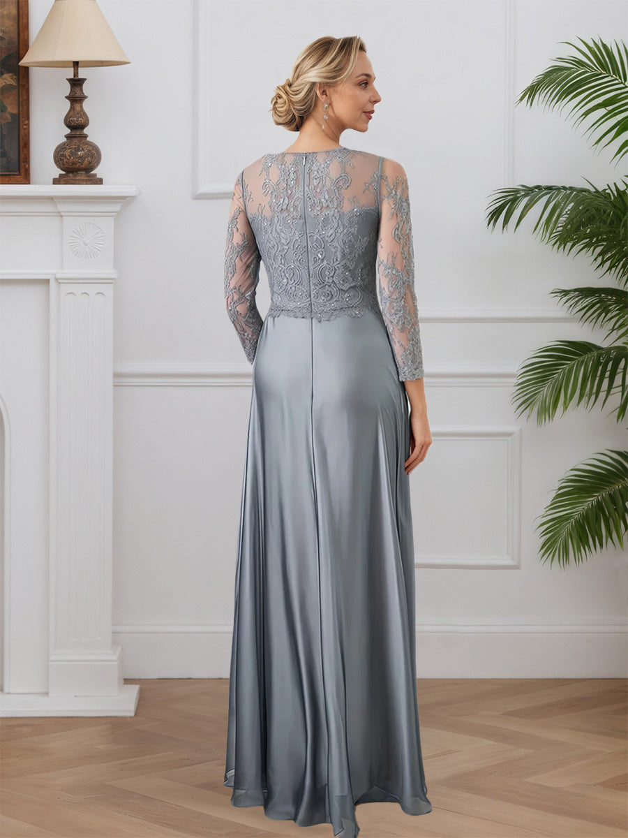 Cicinia Gris Robe pour Mère de la Mariée Longue en Satin Doux et Dentelle A-Line Longueur Sol