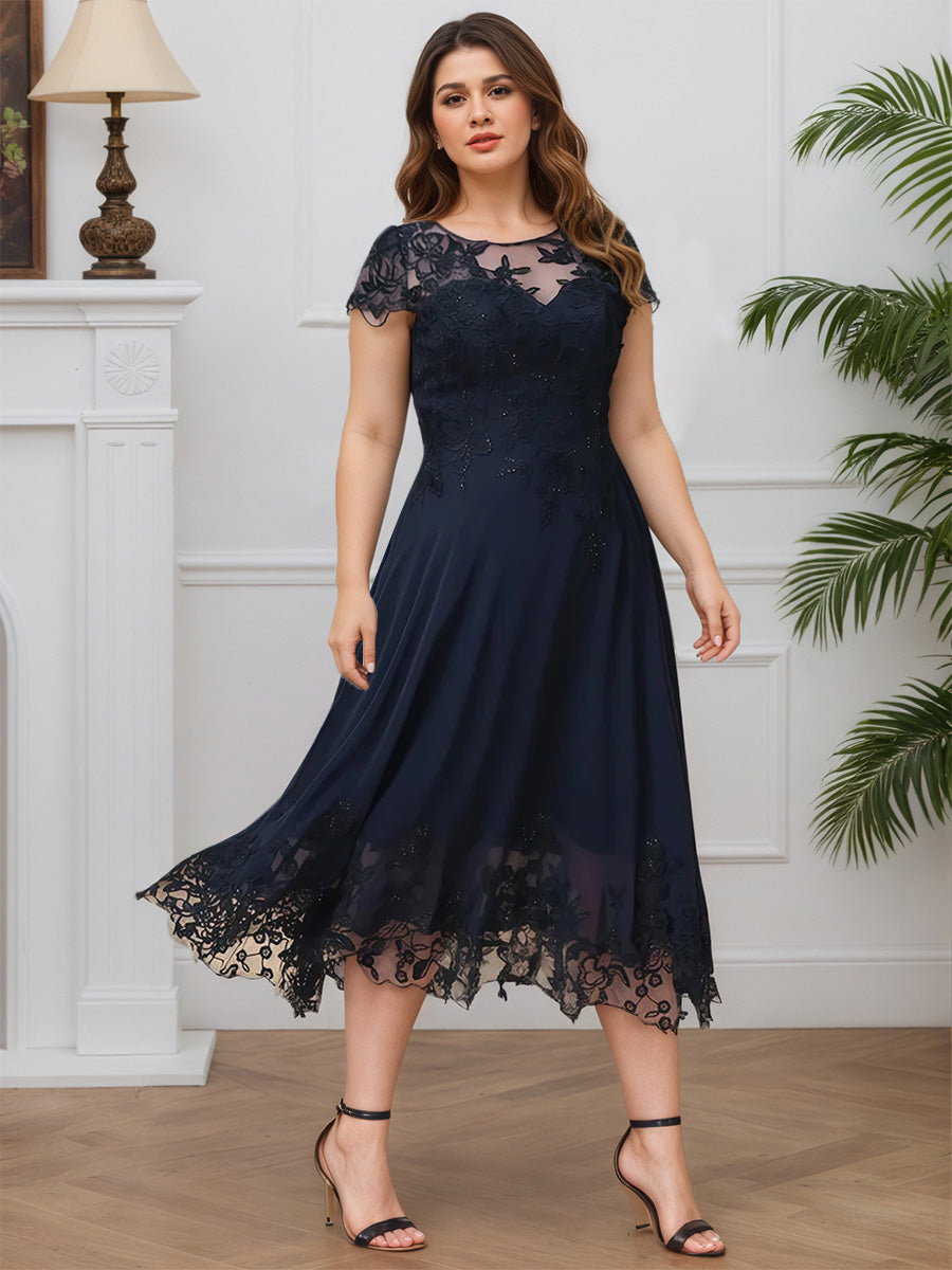 Cicinia Bleu Marine Foncé Robe pour Mère de la Mariée Longue en Mousseline et Dentelle A-Line Manches Capelines Courtes Grande Taille