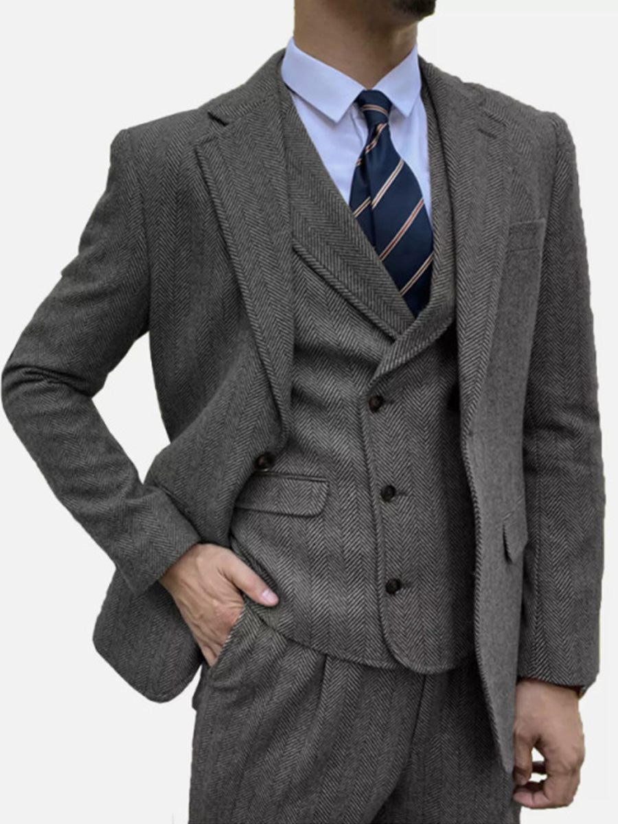 Costume Homme 3 Pièces en GRIS_ACIER en Tweed à Motif Chevron Style Rétro et Coupe Slim pour Affaires Décontracté