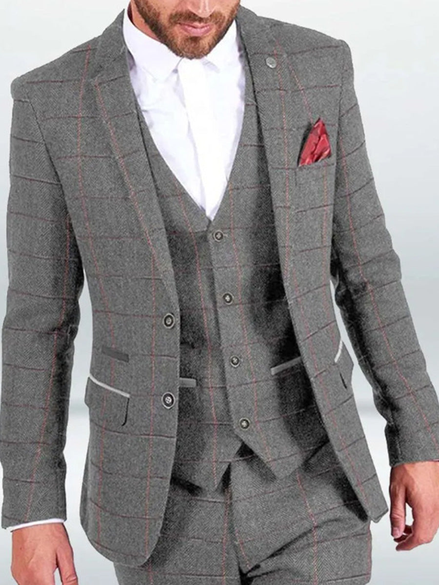 Costume Homme 3 Pièces en Gris Nouvelle Collection Tweed à Motifs Chevron et Carreaux Coupe Slim Affaires & Cérémonie