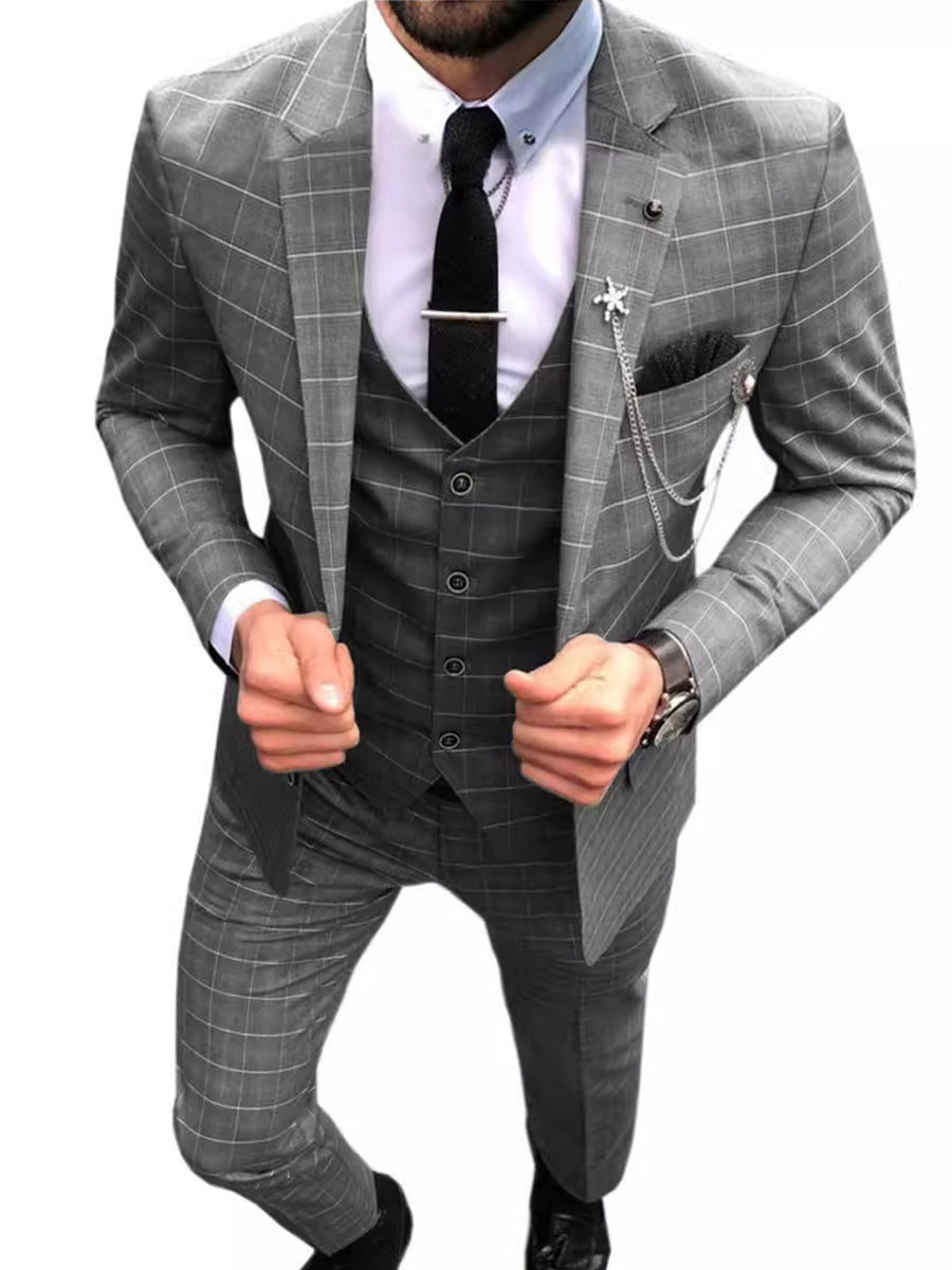 Costume Marié 3 Pièces en Gris à Carreaux Style Britannique et Coupe Slim pour Cérémonie et Affaires