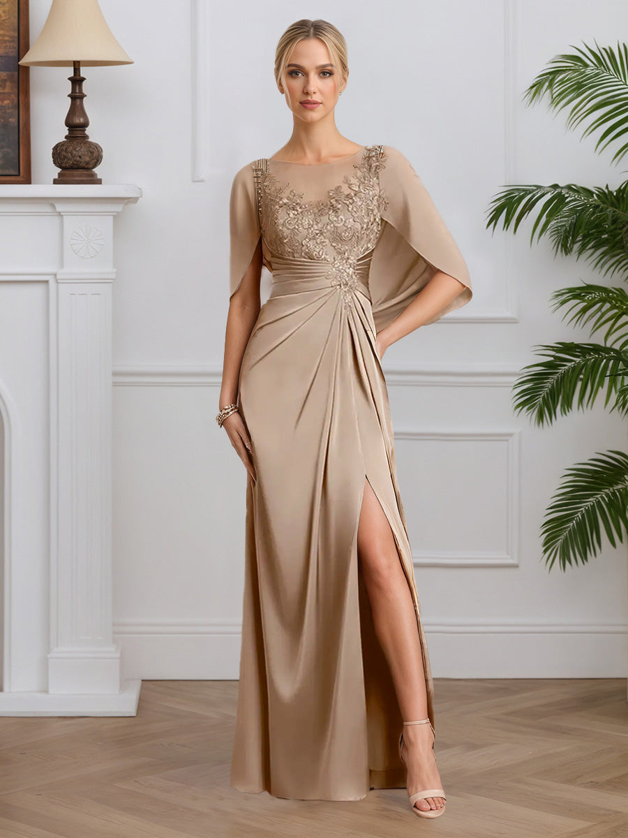 Cicinia Taupe Robe pour Mère de la Mariée Longue en Mousseline et Dentelle Fourreau Fente