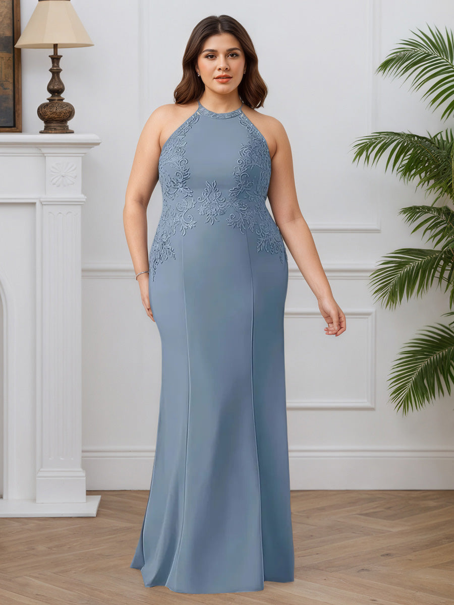 Cicinia Bleu Poussiéreux Robe pour Mère de la Mariée Longue en Tissu Extensible Licou Fourreau sans Manches Grande Taille