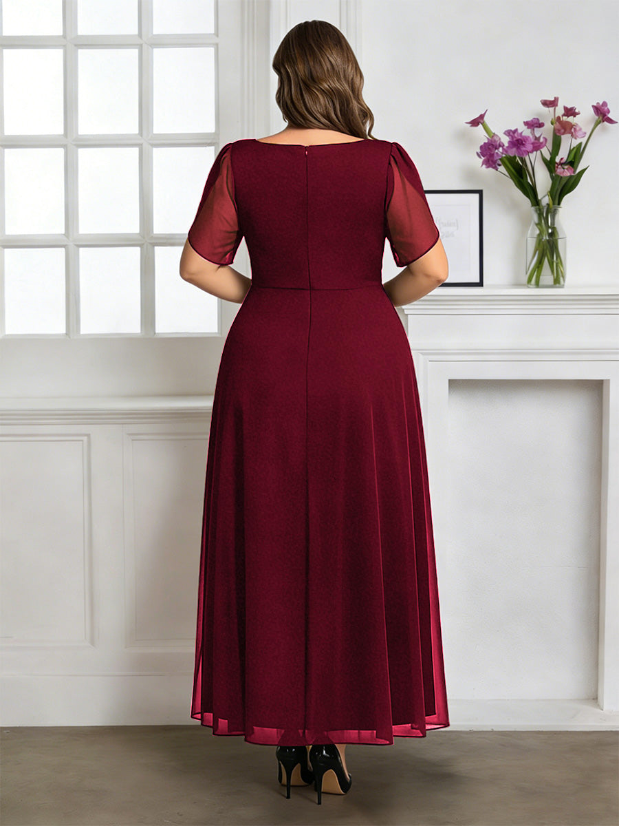Cicinia Robe pour Mère de la Mariée BORDEAUX Longue A-Line en Mousseline Manches Courtes Décolleté en V Longueur Cheville Grande Taille