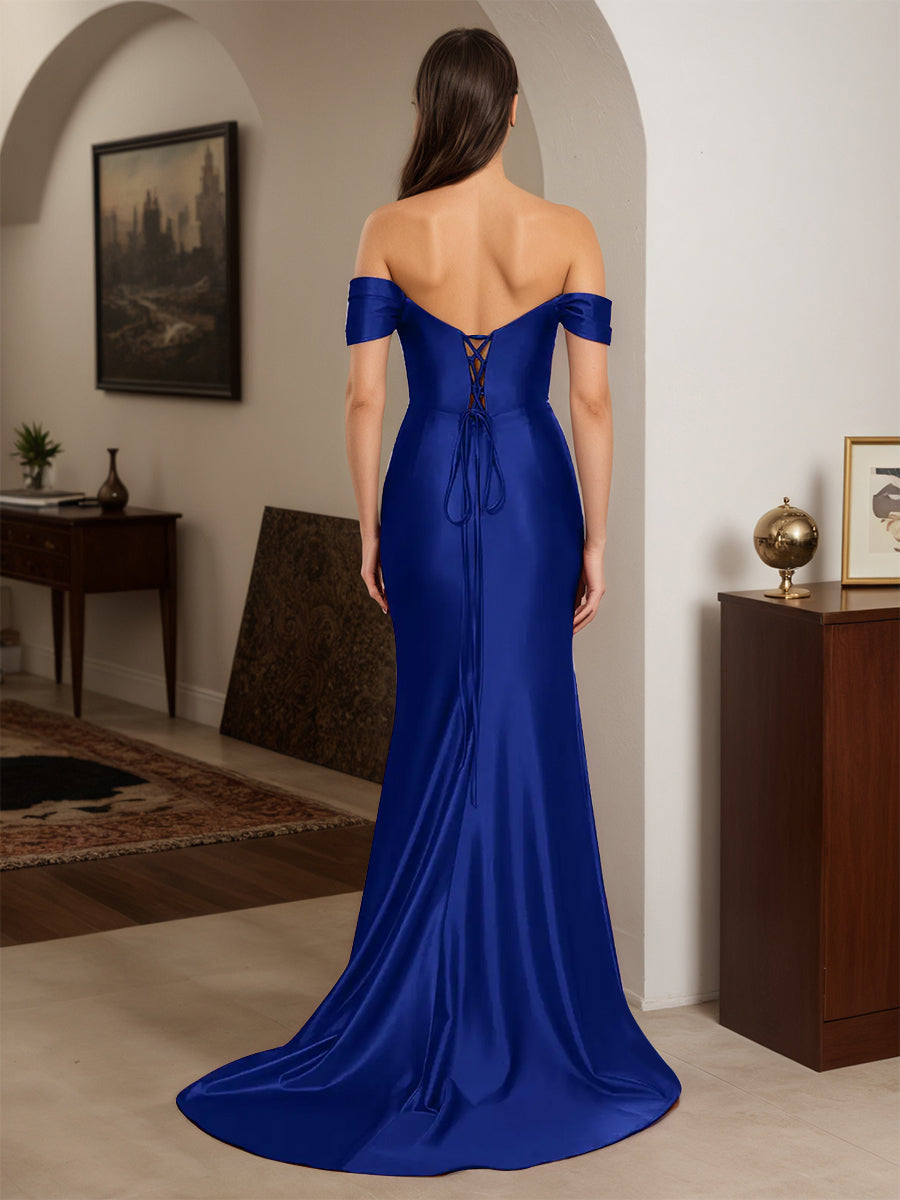Cicinia Robe de Soirée BLEU_ROYALE Longue Fourreau Perlé Épaules Dénudées Dos Nud