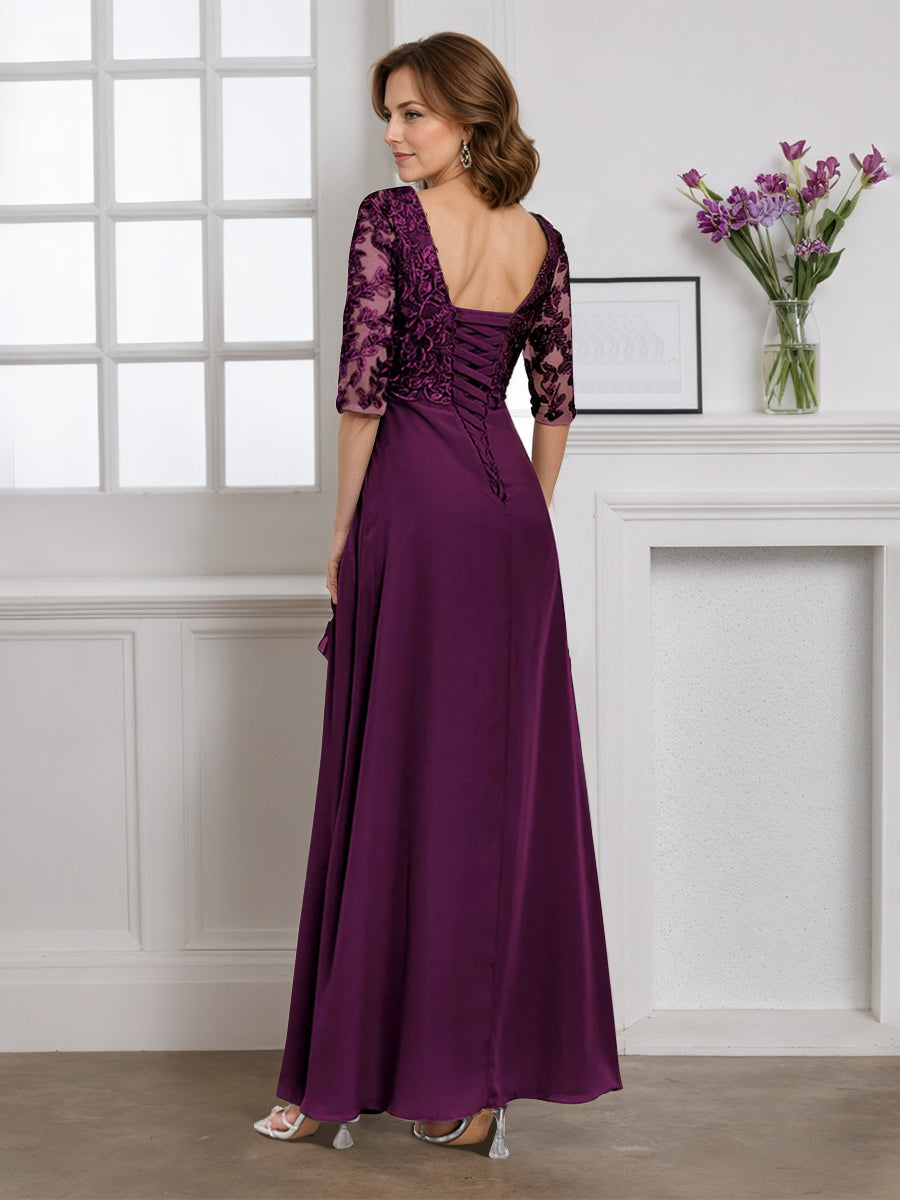 Cicinia Robe pour Mère de la Mariée Raisin Longue A-Line en Mousseline Dentelle Décolleté en V Longueur Sol