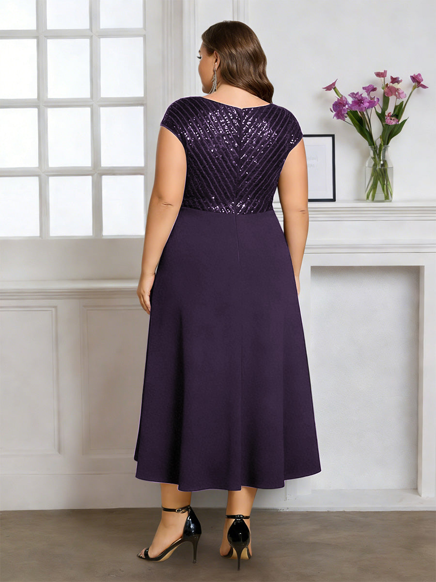 Cicinia Robe pour Mère de la Mariée Raisin Longue A-Line en Mousseline à Paillettes Décolleté en V Longueur Midi Grande Taille
