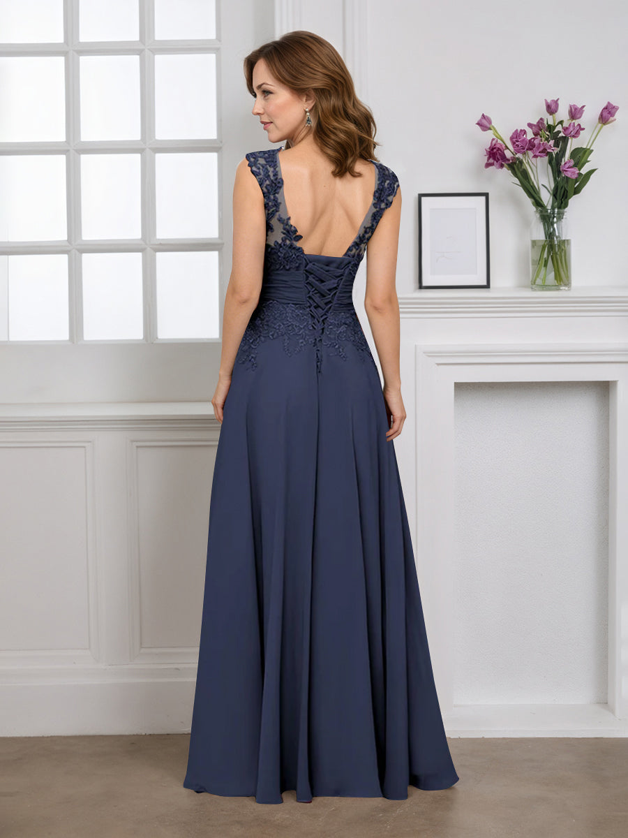 Cicinia Robe pour Mère de la Mariée BLEU MARINE Longue A-Line en Mousseline Appliqués Dentelle Décolleté en V Longueur Sol