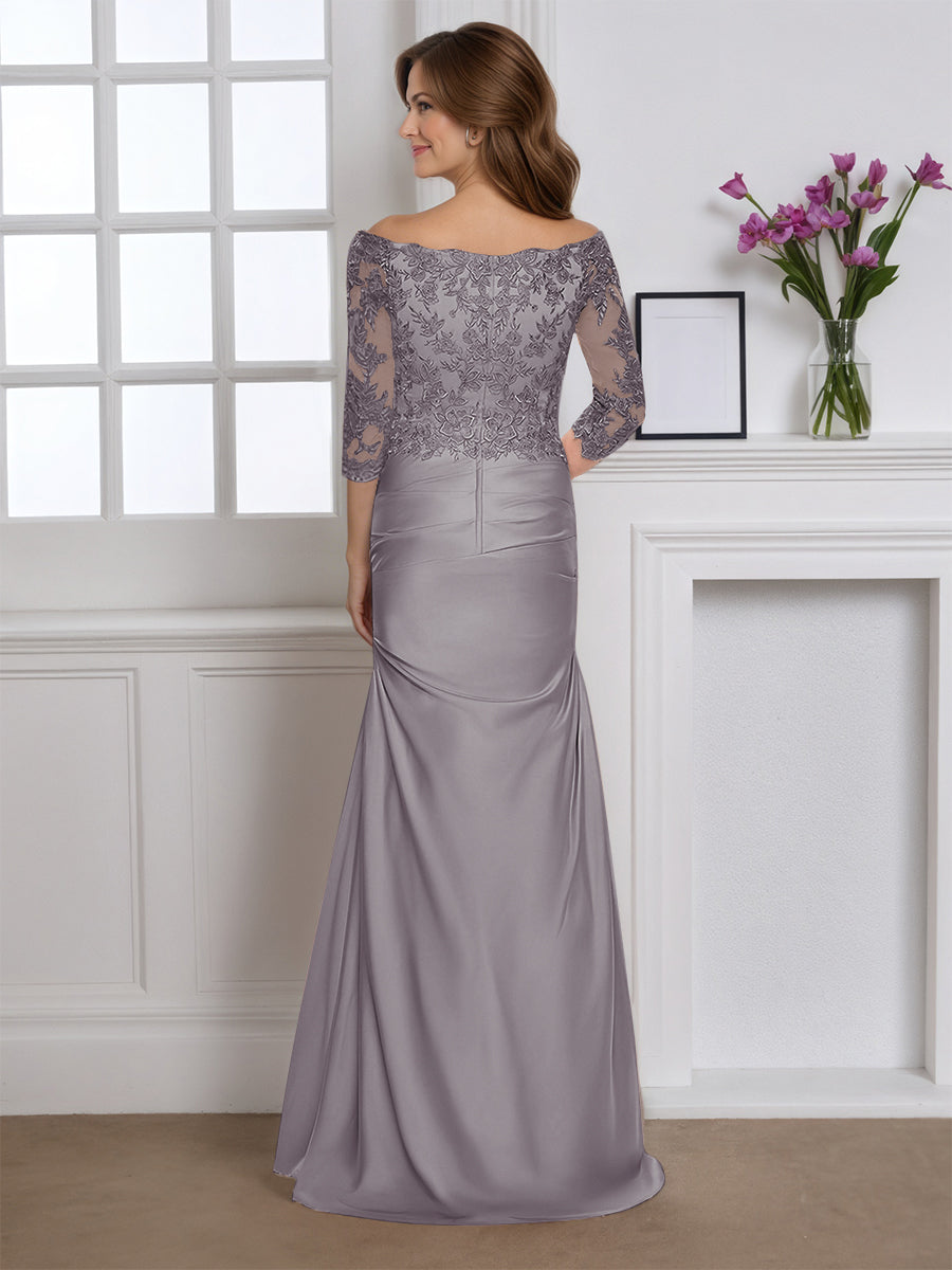 Cicinia Gris Robe pour Mère de la Mariée Longue en Tissu Extensible Fourreau Épaules Dénudées Élégante
